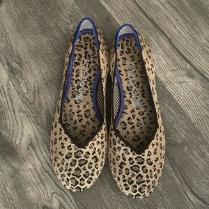 Rothy's Tan and Black Leopard Flats with Blue Trim